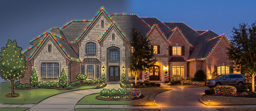 Suburban house decorated with multicolored Christmas lights along the roof at dusk, outlining the facade and yard.
